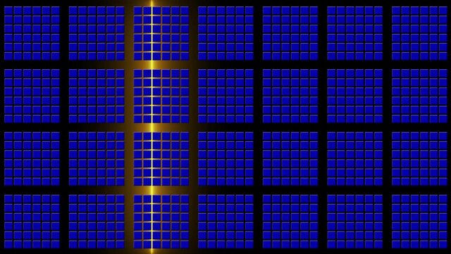 Abstract animated background in blue grid pattern - brightening from back via yellow light bar in horizontal movement - endless loop