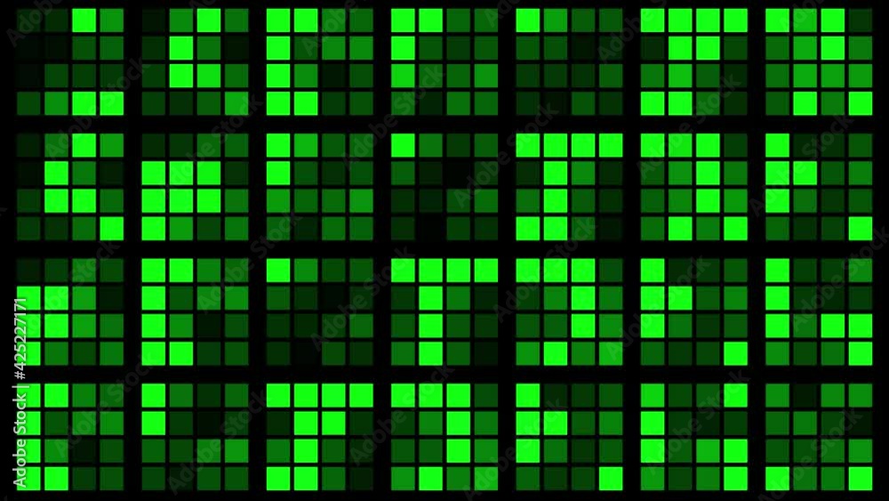 Poster abstract animated background with light show in green design - square elements with random changing 