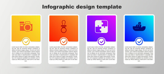 Set Photo camera, Baby dummy pacifier, Puzzle pieces toy and Toy boat. Business infographic template. Vector