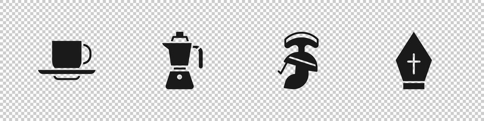 Set Coffee cup, moca pot, Roman army helmet and Pope hat icon. Vector