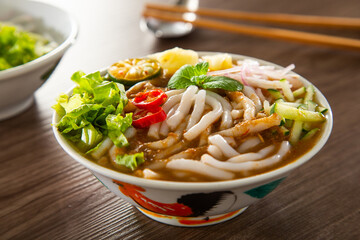 Assam Laksa (Noddle in Tangy Fish Gravy) is a Special Malaysian Food Popular in Penang