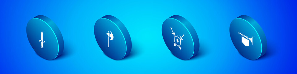 Set Isometric Dagger, Medieval shield with swords, Trumpet flag and axe icon. Vector