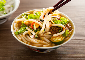 Assam Laksa (Noddle in Tangy Fish Gravy) is a Special Malaysian Food Popular in Penang