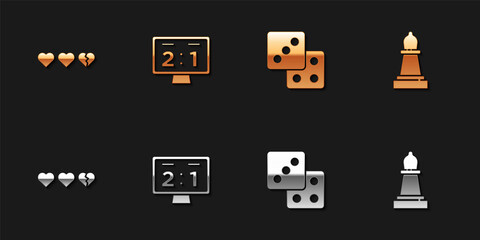 Set Hearts for game, Sport mechanical scoreboard, Game dice and Chess icon. Vector