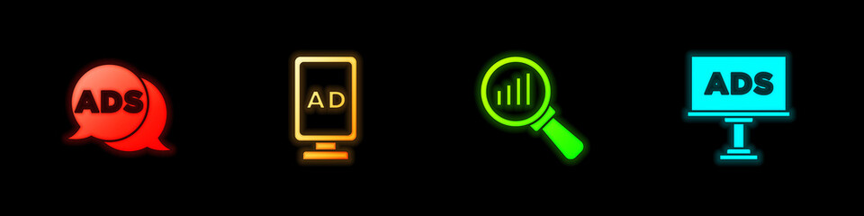Set Advertising, , Magnifying glass and analysis and icon. Vector