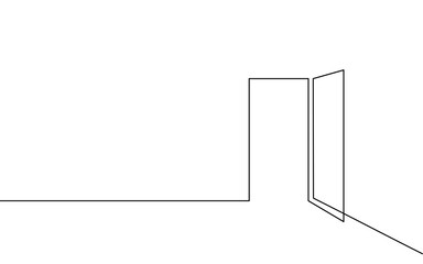 Single continuous line art opened door. New opportunity problem solution concept. Creative teamwork banner design. One sketch outline drawing vector illustration