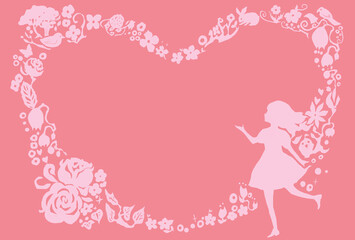 ピンク色のシルエットの花と少女の横向きのフレームイラスト