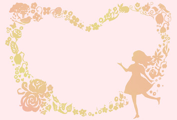 花で作られたハート型のシルエットと女の子のフレームイラスト