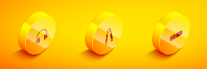 Set Isometric Headphones, Sport expander and Vitamin pill icon. Vector