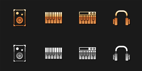 Set Stereo speaker, Grand piano, Music synthesizer and Headphones icon. Vector