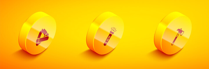 Set Isometric Campfire, Flashlight and Firefighter axe icon. Vector