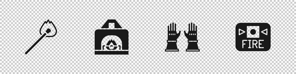 Set Burning match with fire, Interior fireplace, Firefighter gloves and alarm system icon. Vector