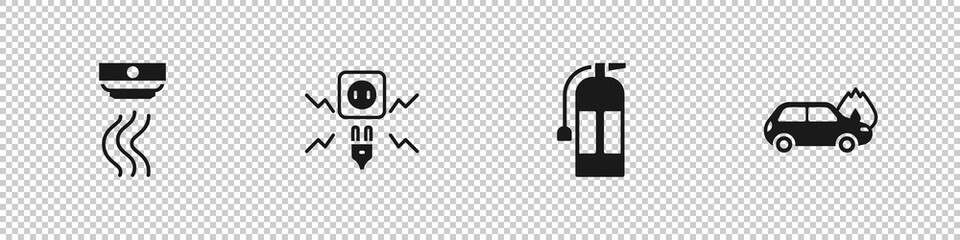Set Smoke alarm system, Electricity spark, Fire extinguisher and Burning car icon. Vector