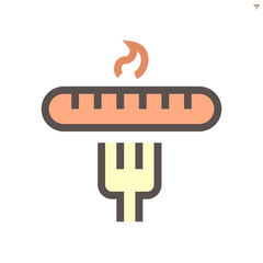 Sausage and fork vector icon. May called hot dog, hotdog. Food or snack product made from meat, pork or beef. To cook by fried, grill on barbecue (BBQ) for eat in breakfast, lunch or dinner. 48x48 px.