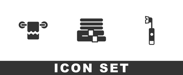 Set Towel on a hanger, stack and Electric toothbrush icon. Vector
