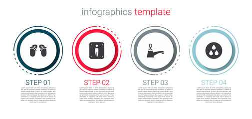 Set Flip flops, Male toilet, Water tap and drop. Business infographic template. Vector