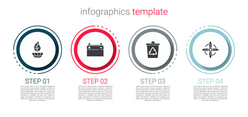 Set Earth globe and leaf, Car battery, Recycle bin with recycle and Wind turbine. Business infographic template. Vector