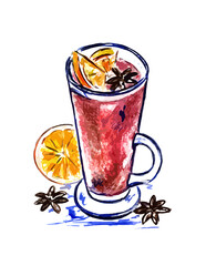 Glass with mulled wine and orange on a white background