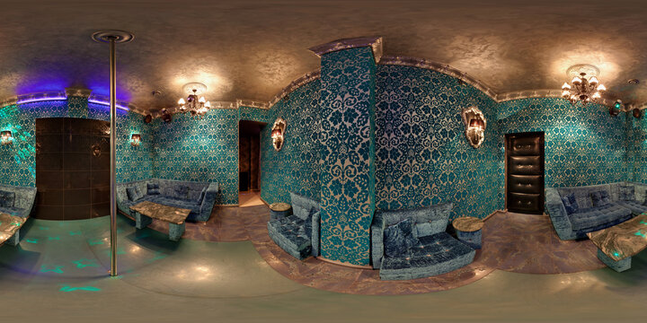 MINSK, BELARUS - FEBRUARY 23, 2012: Full spherical 360 by 180 degrees seamless panorama in equirectangular equidistant projection, panorama in interior turquoise vip room in the nightclub for adults