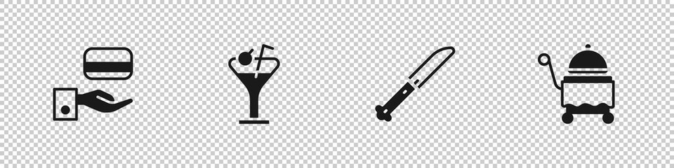 Set Digital door lock, Martini glass, Knife and Covered with tray icon. Vector