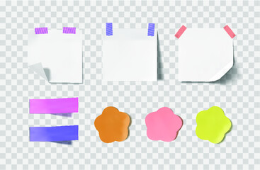 Vector set of memo colorful and white stickers, note paper isolated on light transparent background. 
