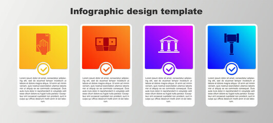 Obraz premium Set Oath on the Holy Bible, Bribe money cash, Courthouse building and Judge gavel. Business infographic template. Vector