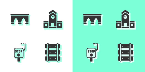 Set Railway, railroad track, Bridge for train, Emergency brake and station icon. Vector