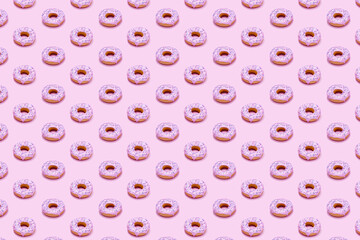 Pattern with donuts with pink glaze and colorful sprinkles on pink background. 3d rendering.