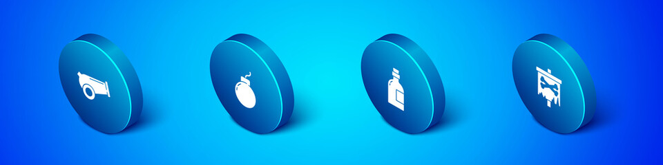 Set Isometric Cannon, Alcohol drink Rum, Pirate flag and Bomb ready to explode icon. Vector