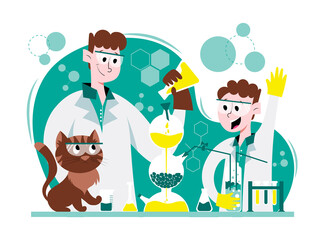 Cartoon scientist and kid student doing chemistry experiment with Kipp apparatus in lab. Chemistry lesson for children. Teacher conducts a lesson in chemistry laboratory. Fun cat wants to drop flask.