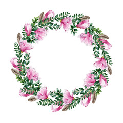 Magnolia flower floral wreath. Watercolor illustration. Tender pink magnolia flowers and buxus leaves in round decoration. Elegant wreath of spring blossoms, feathers, green leaf. On white background