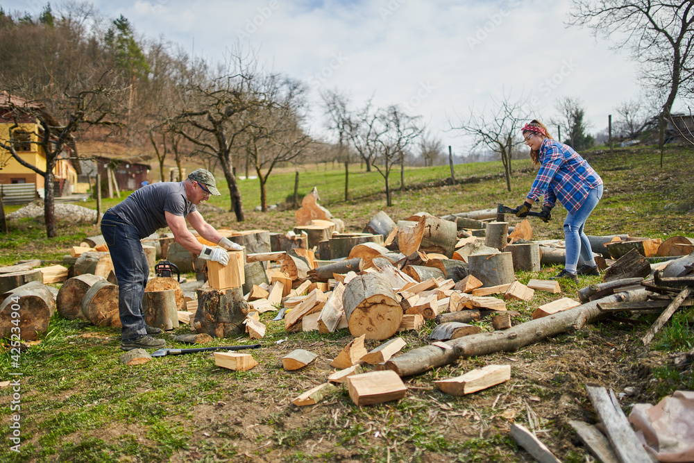 Sticker couple of farmers splitting wood