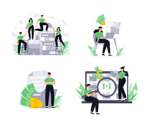 People working with documents illustration set. Man and woman stand on ladder at on huge stack of paper document folders and boxes. Woman earn money by uploading documents. Man holding big loupe
