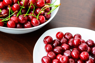 Plate. cherries.  stone fruit