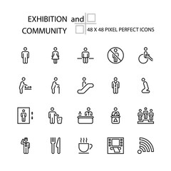 EXHIBITION and COMMUNITY business education vector line 48x48 Pixel Perfect Icons, Editable Stroke.