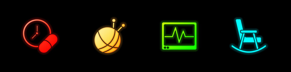 Set Medicine pill or tablet, Yarn ball with knitting needles, Monitor cardiogram and Rocking chair icon. Vector