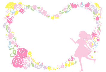 パステルカラーの花と少女のシルエットのハート形のかわいいフレームイラスト