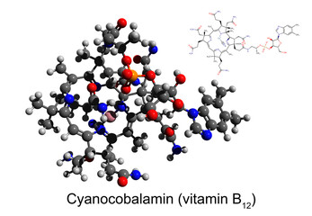 Chemical formula, skeletal formula and 3D ball-and-stick model of vitamin B12 (cyanocobalamin), white background