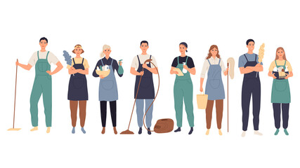 Obraz premium Cleaning service. Male and female cleaners in uniform standing with professional equipment.