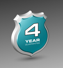 Shield with a text guarantee four year icon. Warranty 4 year Label obligations. Safeguard shield sign. Protect promise reliability badge. Security guaranteed shield illustration