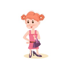 Little girl put on mom's shoes and bag, flat style cartoon character.