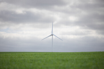 Ein Windrad am Horizont mit einem grünen Feld im Vordergrund und Wolken am Himmel