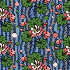SEAMLESS PATTERN WITH PINK LOTUSES ON THE WATER IN VECTOR