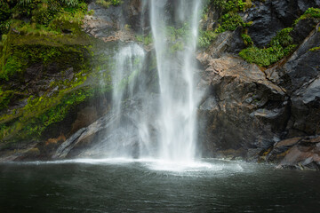 Base of Fairy Falls with radiant patterns caused by the force of the free-fall water, Milford Sound.