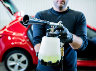 Fototapeta na wymiar A car service worker cleans interiror with a special foam generator