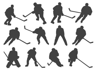 Ice hockey players, goalie and referee silhouettes set. Ice hockey player skating with stick, team forward controlling and hitting puck, goaltender in protective outfit and referee isolated vectors