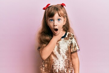 Little caucasian girl kid wearing festive sequins dress shouting and suffocate because painful strangle. health problem. asphyxiate and suicide concept.