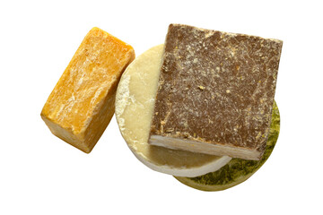 various natural soaps on a white background