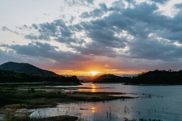 beautiful blue sky lake view high peak jungle mountains green river forest at Kaeng Krachan dam National Park, Phetchaburi, Thailand.