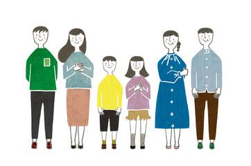 祖父母と一緒に並ぶ夫婦と子供達